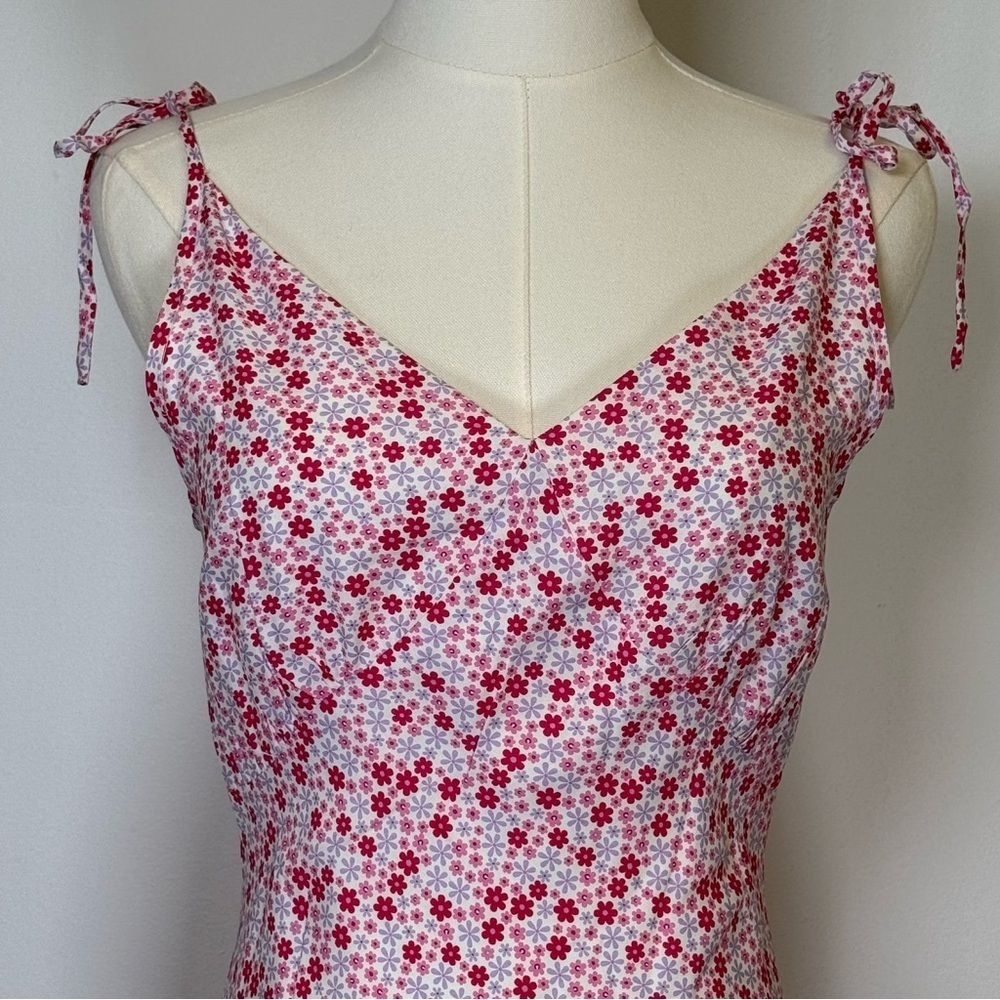 Floral Sundress Spaghetti Strap Ties Pink Purple Midi Length Womens Size Medium - Picture 2 of 10